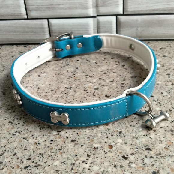 Blue White & Chrome Leather Dog Collar 24" MEDIUM - Picture 1 of 6